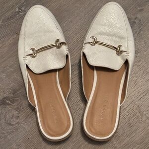 White Leather Slip-On Loafer Mules with Gold Bit Hardware